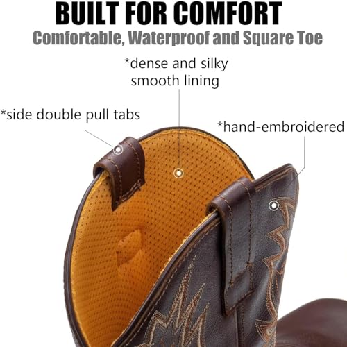 SUREWAY Mens Square Toe Cowboy Boots for Men,Waterproof Soft/Steel Toe Western Work Boots with Classic Embroidered,Soft Toe Dark Brown,Size 83