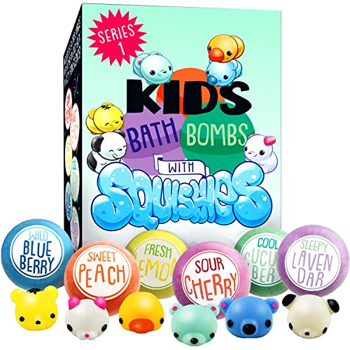 Kids Bath Bombs w Squishy Toys Inside, Kid Safe, Vegan Formula with Essential Oil Blend, Colored Bubble Bath for Children, Surprise Bath Bomb for Kids, Fizzies, Kawaii Squishies, Set of 6 in Gift Box