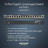 NETGEAR 16-Port Gigabit Ethernet Plus Switch mit PoE (GS316PP): Managed Switch mit 15 PoE+-Anschlüssen bei 180 W, 1 1G-SFP-Anschluss, Desktop- oder Wandbefestigung – Ansicht 2