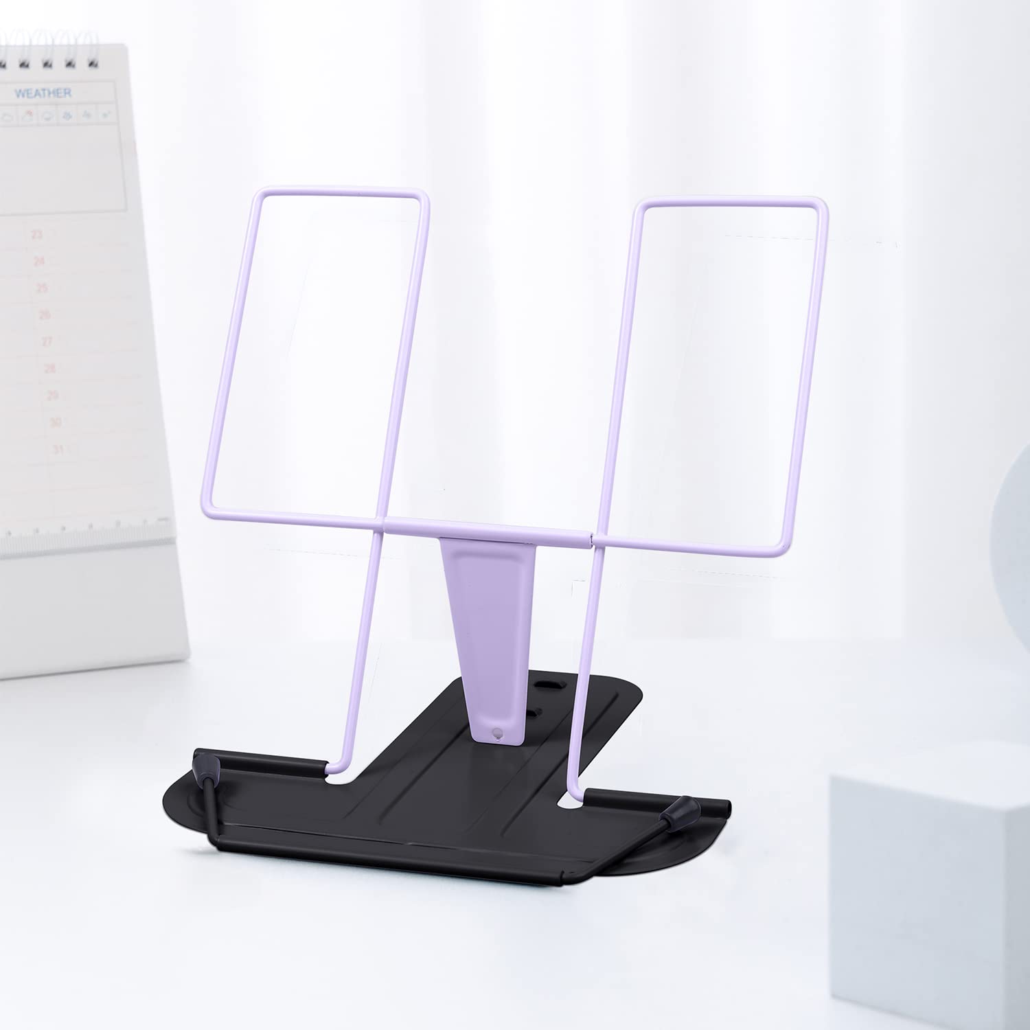 MSDADA Metal Book Stand for Desk, Adjustable Reading Rest, Portable Cookbook & Document Holder, Sturdy Typing Stand for Recipes, Textbooks, Tablets & Music Books with Page Clips (Purple+Black)