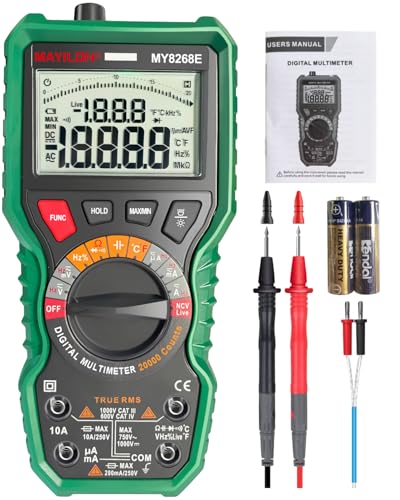 MAYILON 20000カウント 高い精度 テスター デジタル、真の実効値 オートレンジ テスター 高精度な測定電圧 電流 抵抗 ダイオード 導通 周波数 デューティサイクル 静電容量 温度測定対応 NVC ライブ対応