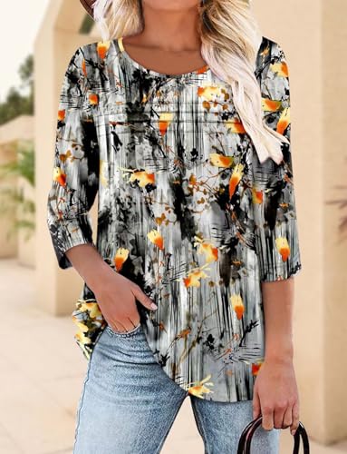 KISSMODA Women's Casual 3/4 Sleeve T-Shirts Round Neck Cute Tunic Tops Basic/Pleated Summer Tops Trendy Spring Blouses