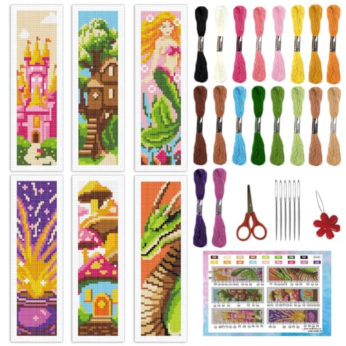 Image of INFUNLY 6 Set Fairytale Elements Cross Stitch Bookmark Kits 8 inchx2.4 inch DIY Mermaids Embroidery Bookmark Kits for Beginners with Instruction Cartoon Castle Bookmark Making Kit for Book Lovers Reader Gift