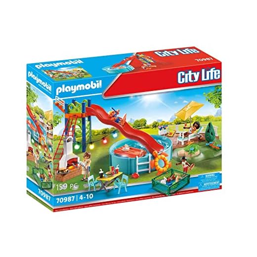 PLAYMOBIL City Life 70987 Festa in Piscina con Scivolo, Con Effetto Luce, Giocattoli per Bambini dai 4 Anni