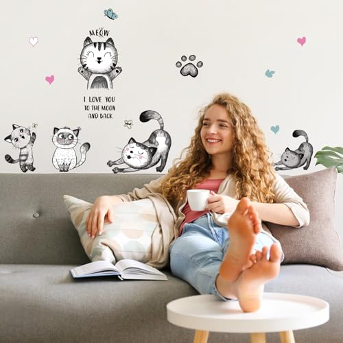 SUPERDANT 10 Style Cartoon Cats Wall Decals Cute Cat Bedroom Decor with Heart Paw Print Wall Stickers Vinyl Wall Decor for Bedroom Living Room Nursery Home Pet Room Decorations 29×90cm - Image 3