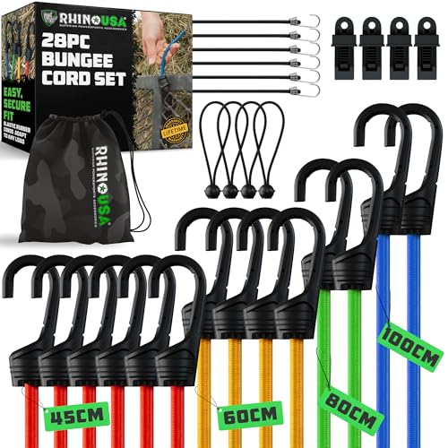 Rhino USA Corde Elastiche con Gancio (28 Pezzi) Elastico con Ganci Corte e Lunghe - 4 Clips per Telo Gratuito, Sacchetto con Corda Elastica con Gancio Legature per Tende - Resistenti ai Raggi UV