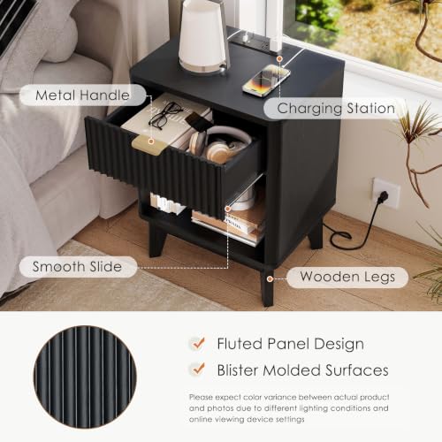 Image of LYNCOHOME 17.7 inch Tall Nightstand with Charging Station,Set of 2, Black