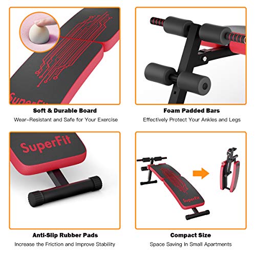GYMAX Adjustable Sit up Bench, Folding Abdominal Training Slant Bench with Reserve Crunch Handle, Curved Decline Bench for Home/Gym (Red)