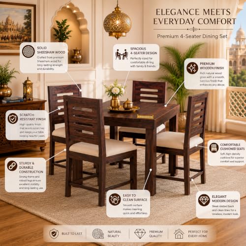 Image of Dining Table 4 Seater with Chairs | Sheesham Wooden Four Seater Dinning Table with Cushioned Chairs for Restaurant | Dinner Table 4 Seater | Dining Room Set