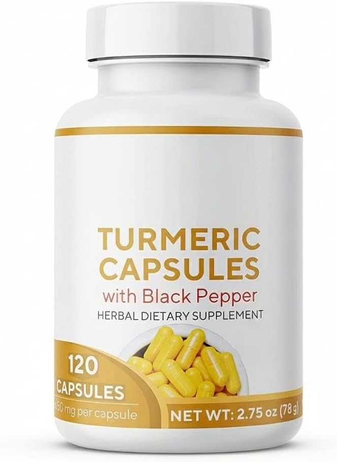 Turmeric Capsules (Haldi with Black Pepper) 120 Veg Capsules, Curcumin Supplement, 650 mg Each. Joint Support Health and Also Supports in Building a Healthy Immune Support.