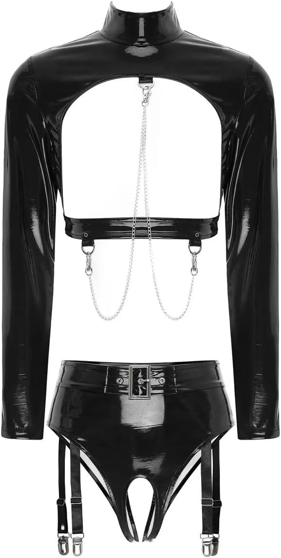 Womens Patent Leather Lingerie Long Sleeve Cutout Open Cup Bra Crop Top Open Crotch Garter Clips Panties Black