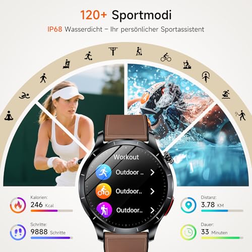 Lgnitek 2026 Neu Smartwatch Herren mit EKG/HRV/ΒΙυτｚυcker/BMI/Harnsäure, 1,43 AMOLED Gesundheitsuhr mit 24H ΒΙυtdrυck SpO2 Apnoe Schlafmonitor SOS-Notruf Fitnessuhr Android/iOS, Braun Lederarmband
