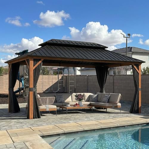 PURPLE LEAF 10 X 16 Hardtop Gazebo Outdoor Wood Grain Aluminum Frame Heavy Duty Carport Galvanized Steel Double Roof Gazebos with Netting and Curtains for Patio Deck Backyard Garden