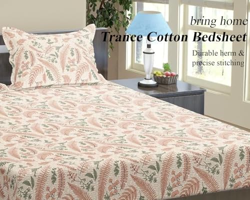 Image of Trance Home Linen 100% Cotton 144TC Elastic Fitted Bedsheet | Printed Single Size Bed Elasticated Fitted Bedspread with 1 Pillow Cover (72x30 inch, Foliage Peach)