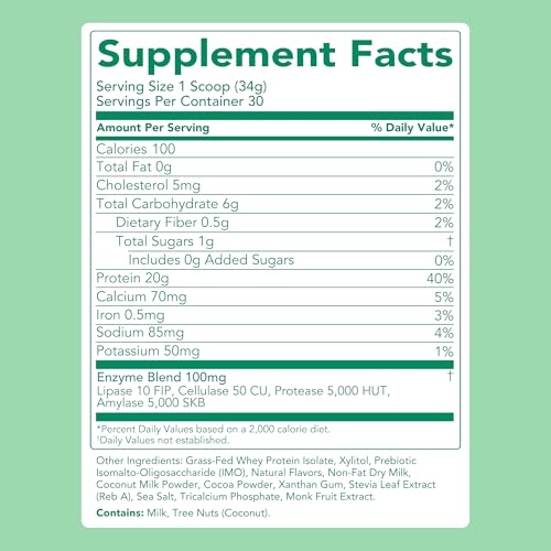 Image of Clean Simple Eats Whey Isolate Protein Powder, Mint Chocolate Cookie, Naturally Sweetened, Zero Added Sugar, 20g 100% Grass Fed Protein Powder with Digestive Enzymes, Gluten Free, Non GMO, 30 Servings