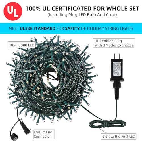 MZD8391 105FT 300LEDs Christmas Lights Outdoor Indoor 8 Modes for Christmas Tree Party Decoration, 100% UL Listed (Warm White)