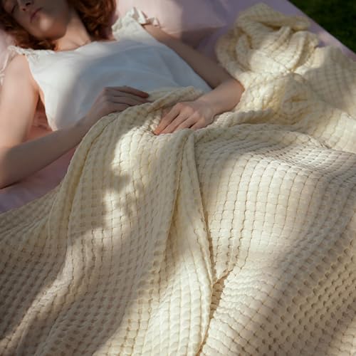 Image of Bedsure Cooling Cotton Waffle Oversized King Blanket - Lightweight Breathable Blanket of Rayon Derived from Bamboo for Hot Sleepers, Natural, 120x96 Inches