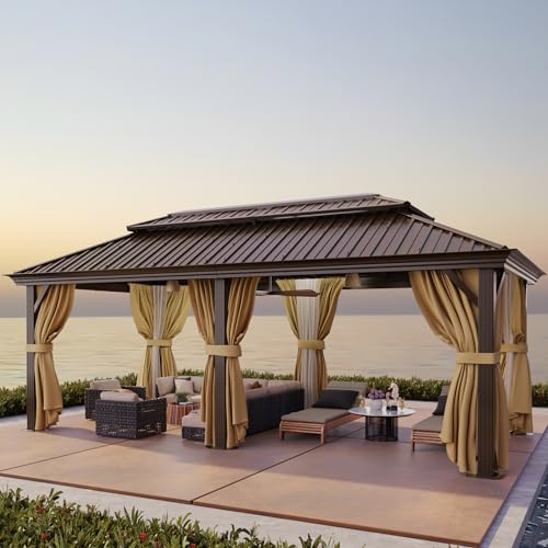 HOTEEL 12x20 Hardtop Gazebo on Clearance with Metal Roof & Drainage System Heavy Duty Galvanized Steel Gazebo with Aluminum Frame Privacy Curtains and Netting for All-Weather Brown(2026 Upgraded)