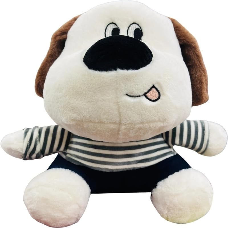 Image of Cute White Dog Soft Toy with Striped T-Shirt, Ultra-Soft Plush Stuffed Animal for Kids, Cuddly Puppy Toy for Boys and Girls, Durable & Washable, 32cm