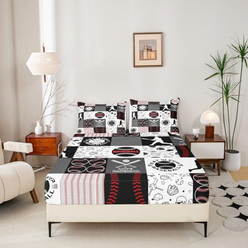 Image of Castle Fairy Patchwork Baseball Fitted Sheet King Size 4 Pcs,Sports Geometric Grid Red Grey Teens Sheets,Baseball Bedding Sets (1 Fitted,1 Flat,2 Pillowcases)