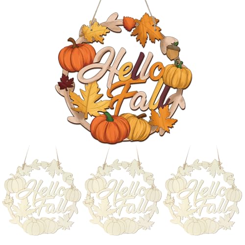 Unfinished Fall Wreaths Wood Crafts to Paint Set of 3, 11' Bulk Autumn Leaves Pumpkin...