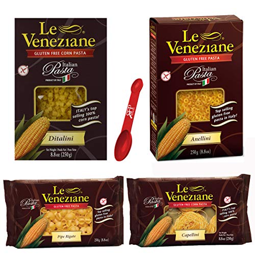 Le Veneziane Gluten Free Pasta Noodles Variety Pack Includes [1] Capellini [1] Anellini [1] Ditalini Pasta And [1] Pipe Rigate ~ Corn Pasta ~ 4 Count