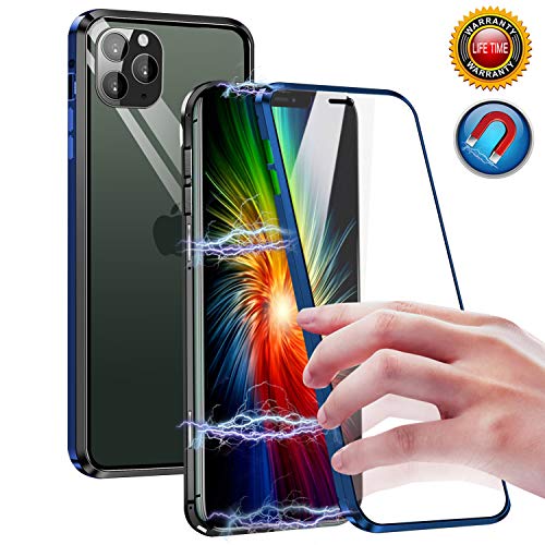 Funda para iPhone 11 Pro, Adsorción Magnética Carcasa para iPhone 11 Pro, Doble Vidrio Templado 360 Protectora Cobertura de Pantalla Completa Estuche Magnetic Case para iPhone 11 Pro 5.8 ( Azul Negro)