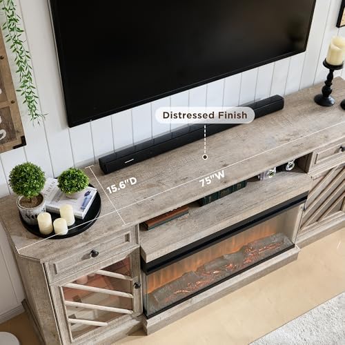 OKD 75 Inch 3-Sided Electric Fireplace TV Stand for TVs up to 85'',Modern Highboy Entertainment Center with 36" Fireplace & LED Lights,Widen Drawers and Glass Door Storage Cabinet, Light Rustic Oak - Thumbnail 4
