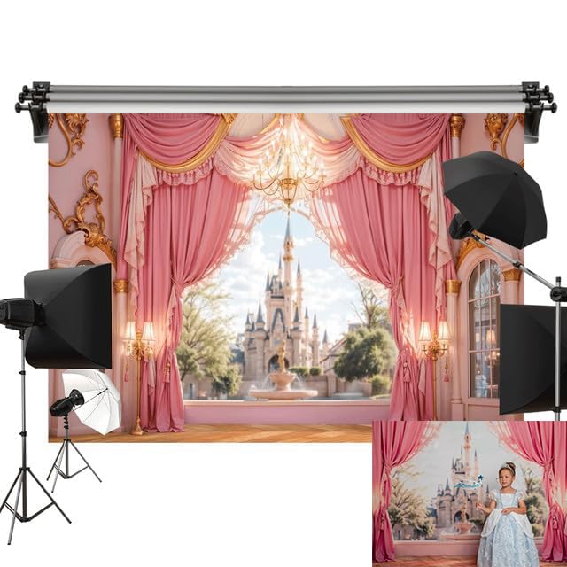 Toile de fond château 2,2x1,5m avec rideaux roses pour accessoire photo vidéo