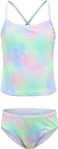 Traje de baño tankini de dos piezas para niñas, teñido anudado, traje de baño hawaiano para niños de 3 a 16 años