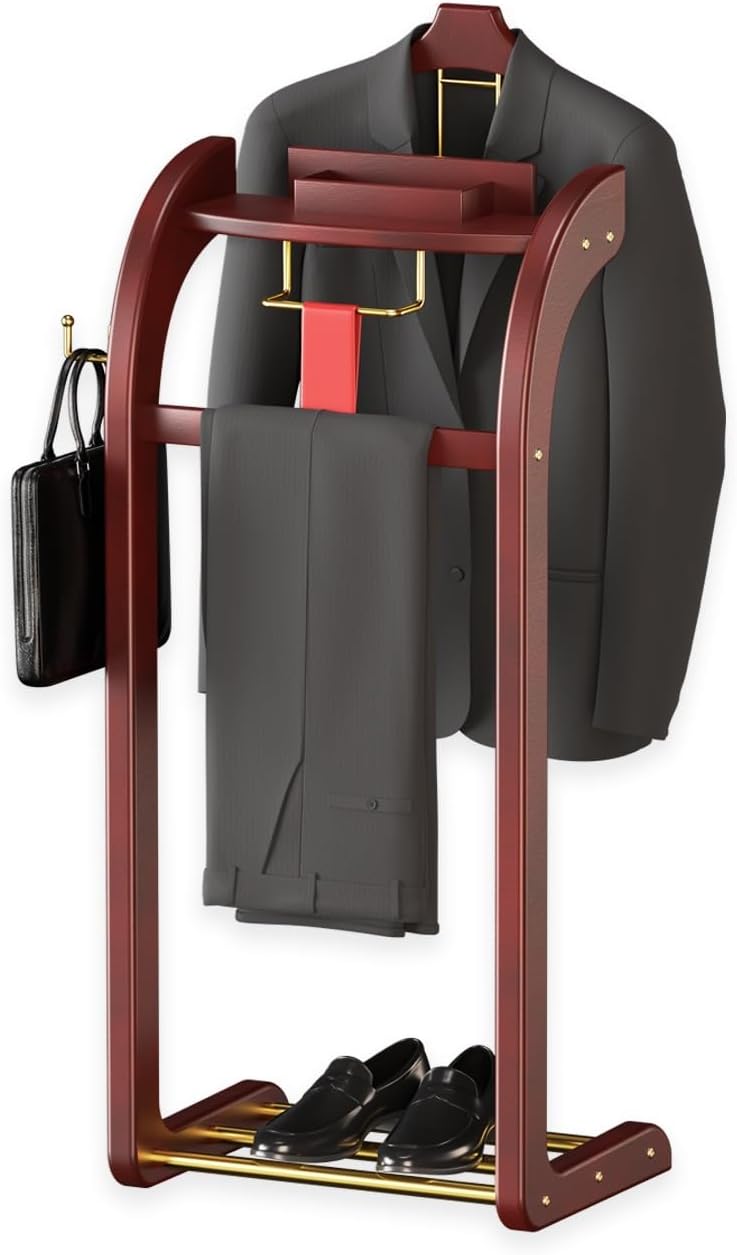 Solid Wood Suit Rack with Heavy Base Floor Standing Valet Stand and Tie Holder Wooden Clothes for Office Living Room Bedroom – 16x14x45 in