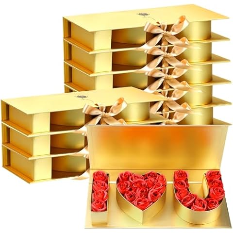 Ireer 8 Pcs Valentines Day Empty I Love You Flower Box Bulk Large I Heart U Letter Gift Box with Ribbon for Holiday Mother Wedding Bridal Rose Chocolate Packaging(Gold) Cover