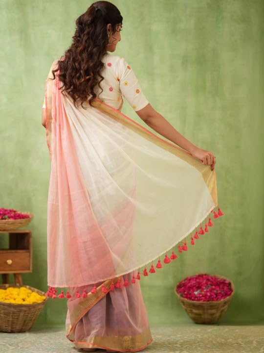 Image of Women's Cotton Silk Handloom Plain Solid Golden Zari Border Saree with Unstitched Blouse Piece | 5.5 Meter Saree + 0.8 Meter Blouse Piece | Traditional Ethnic Wear