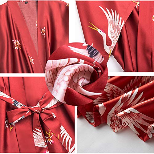 Women Kimono Robes Satin Dressing Gown Crane and Blossoms Sleep Lounge Nightwear Short Silk Bride Bridesmaid Robe3