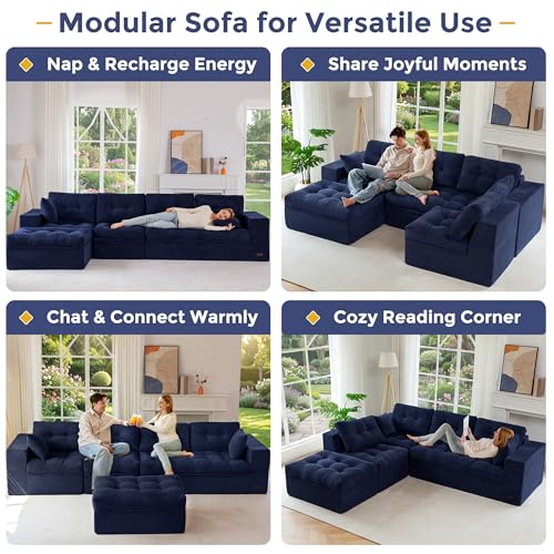 Image of MAXYOYO 132 inch L Shaped Modular Sectional Sofa with Ottoman, Cloud Boneless Couch with Layered Cushion, Upholstered Sofa in a Box, Flexible Module Combination for Living Room, No Assembly, Navy
