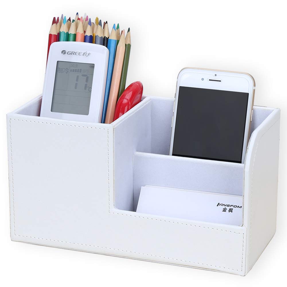 KINGFOM Wooden Struction Leather Multi-function Desk Stationery Organizer Storage Box Pen/Pencil,Cell phone, Business Name Cards Remote Control Holder Colors (S-White)