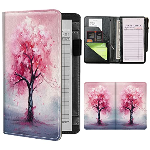 Server Books for Waitress Waiter with Zipper Pocket, Watercolor Cherry Trees Leather Server Pads Waitstaff Organizer Guest Check Presenters Server Wallet Money Holder Pouch Fit Apron