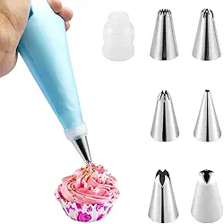 Conjunto de 8 pontas de tubulação de aço inoxidável, pontas de bicos russos de aço inoxidável, 6 bocais de confeiteiro para glacê, 1 conjunto de ferramentas para cupcakes, bolos, biscoitos e decoração