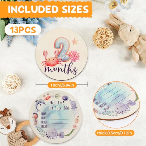 Image of Pregnancy and Baby Shower Gift, Baby Monthly Milestone Cards with Animal Print Milestone Wood Plates Includes Birth Notice Sign for Boy /Girl (SeaAnimals Print)