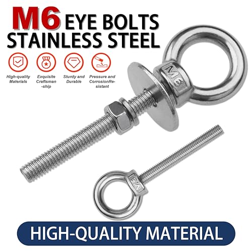 Image of 12 Pack M6 Stainless Steel Eye Bolts with Nuts, 1 /4 inch x 2 inch Eye Bolts | 304 Stainless Steel Eye Bolt,Eye Bolts Heavy Duty for Hang Tie Down Outdoor,m6 eye bolt,Long Lifting Ring Eye Bolt