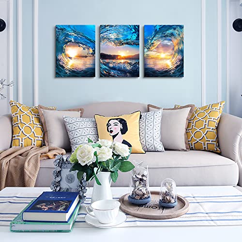 Sunrise Ocean Waves Canvas Wall Art For Living Room Bedroom Wall Decor Office Wall Pictures Blue Sea View Wall Paintings Beach Canvas Prints Artwork Modern Bathroom Home Decor Art 12" X 16" 3 Pieces #TOP2