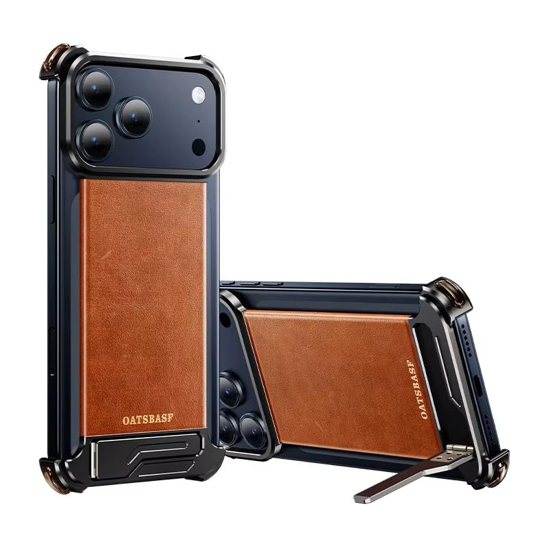 Image of Luxury Magnetic Leather Phone Case Compatible with iPhone 17 Pro Max with Hidden Stand | Frameless Aluminum Alloy Bumper | Shockproof Cover - Black