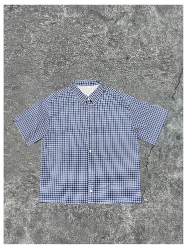 GORGLITTER Men's Plaid Button Down Up Cropped T Shirt Checkered Short Sleeve Collar Loose Street Tops4