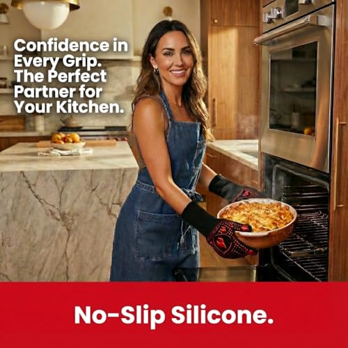 Image of BBQ & Grill Gloves, Oven Gloves, 1472F Silicone Oven Mitts Heat Resistant Grilling Gloves Fireproof Non-Slip for Barbecue Cooking Baking Smoking, 1-Pair Red（M）