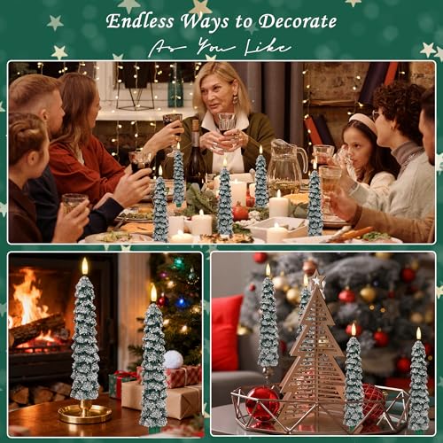 Image of Christmas Tree Candles with Snow, 9.6 inch Green Real Wax Flameless Taper Candles with Remote, Flickering Xmas Candlesticks for Home, Party Decor, 4 Pack