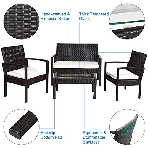 Image of Carry Bird 4 Piece PE Wicker Rattan Outdoor Furniture | 4 Seater Balcony Sofa With Tea Table | Set of 2+1+1 Outdoor Patio Chairs with Coffee Table | Sofa Sets & Center Table for Home & Garden | 3 Piece Patio Stools with Table | Indoor Patio Furniture Set Space Saving | Rattan Chair | Patio Set | Wicker Conversation Set | Poolside Lawn Arm Chairs Set For Balcony & Terrace | Balcony Table chair Set | Hotel Patio Seating Chair & Table Set with Glass | Brown Sofa White Cushion