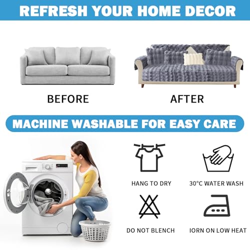 ZenDen Thick Rabbit Plush Sofa Cover 1 2 3 Seater Couch Covers, Fluffy Faux Fur Corner Non-Slip Sofa Cushion Cover L Shape Furniture Protector for Living Room (Dark Gray, 70x70cm) - Image 6