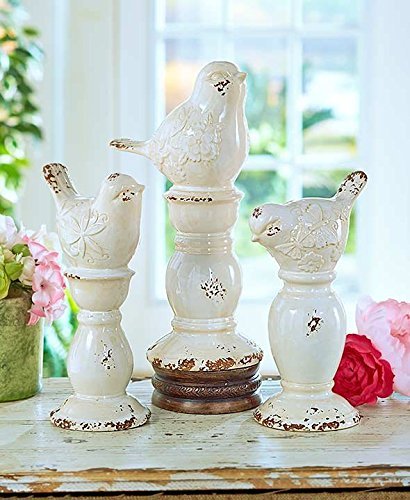 Set of 3 Rustic Ceramic Shabby Chic Bird Finials Decor Pedestal Base Home Accent Decoration by KNL Store