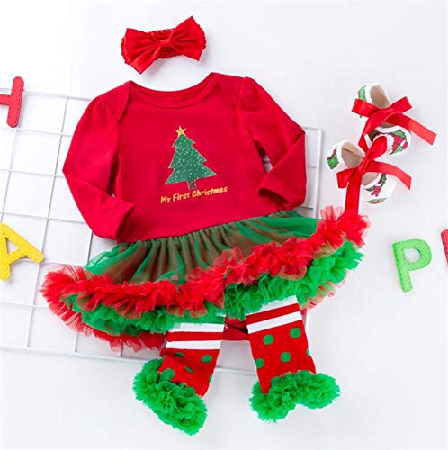 DIVISTAR Baby Meisje Kerst Jurk Peuter Outfits Lange Mouw Leuke Patroon + Hoofdband Stocking Schoenen Kleding - Afbeelding 4