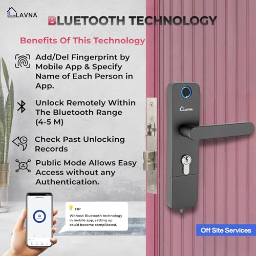 Image of LAVNA Digital Door Lock | 3 Way Access | Fingerprint, Mobile app, Key Access | 2 Locking Bolts | Suitable for 30 mm to 45mm Wooden Door fit with Right N Left Door Side (LA14, Smart)